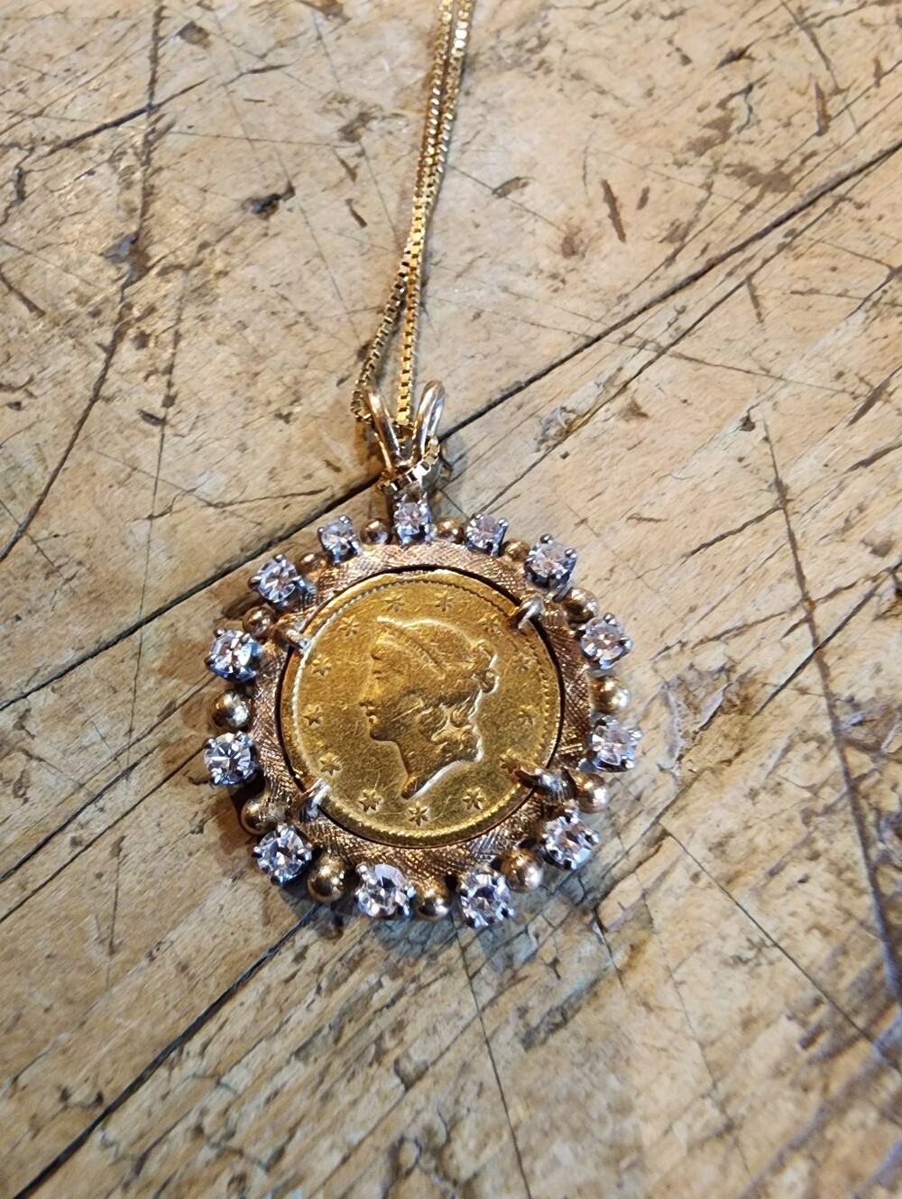 Authentic 1858 $1 Gold Coin Diamond Pendant Necklace